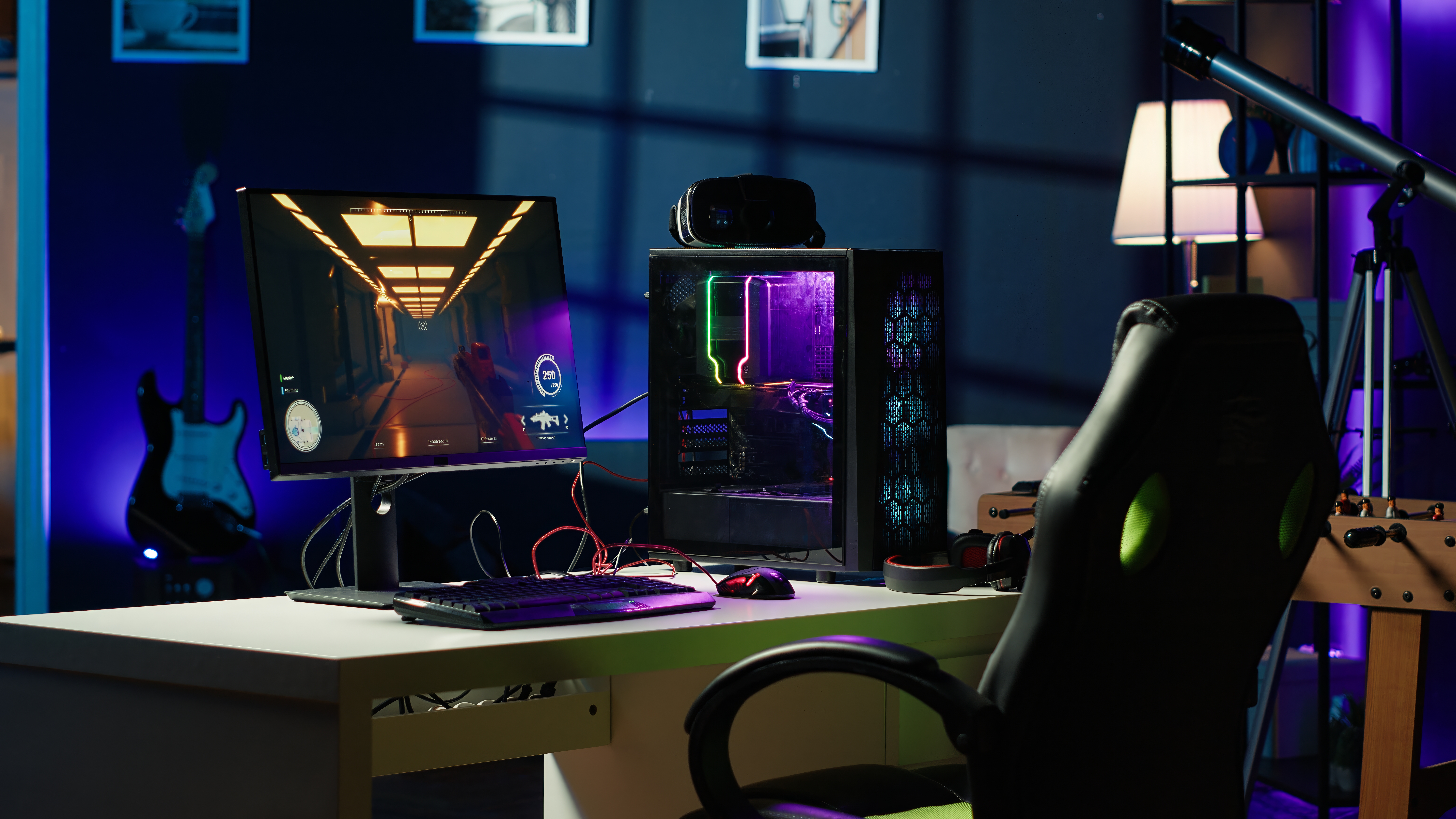 Blue ambient-light gaming and entertainment installation